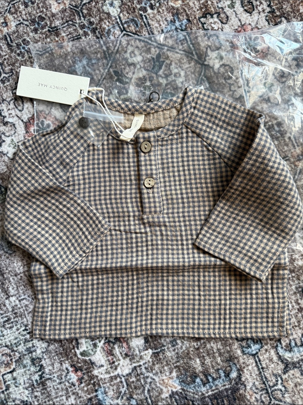 NWT Quincy Mae Brown Gingham Long-Sleeve Top